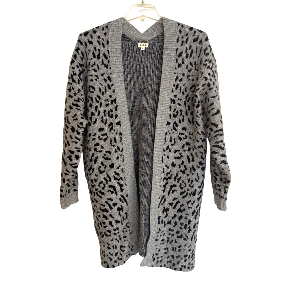 POL Womens Leopard Print Open Front Cardigan Sweater Grey Black Small Oversized